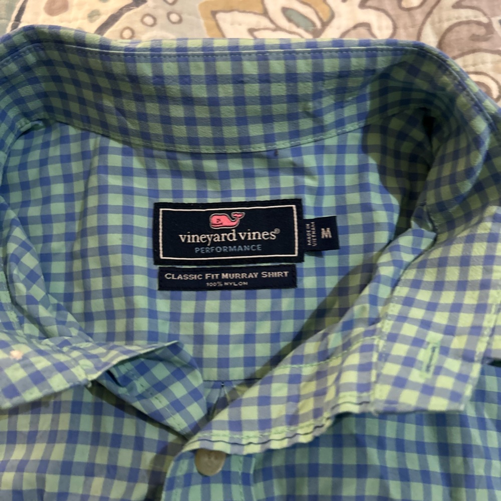 Vineyard Vines Men's Blue and Green Plaid Shirt